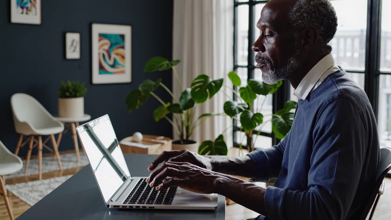 Side angle of a man typing on a laptop in a modern room, with natural light