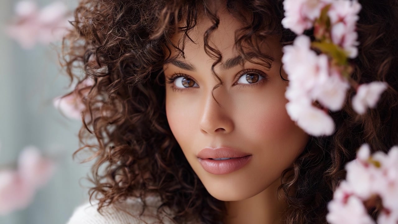 Affascinante ritratto di una giovane donna circondata da morbidi petali di fiori di ciliegio, che emana bellezza e fascino con capelli ricci naturali e un'espressione radiosa.