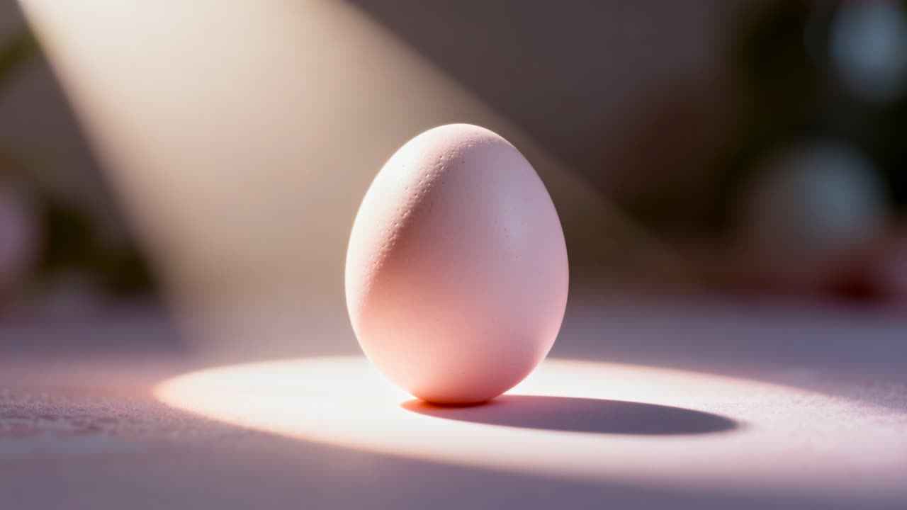Single whole egg standing upright on tabletop while left spotlight widening and casting oval shadow