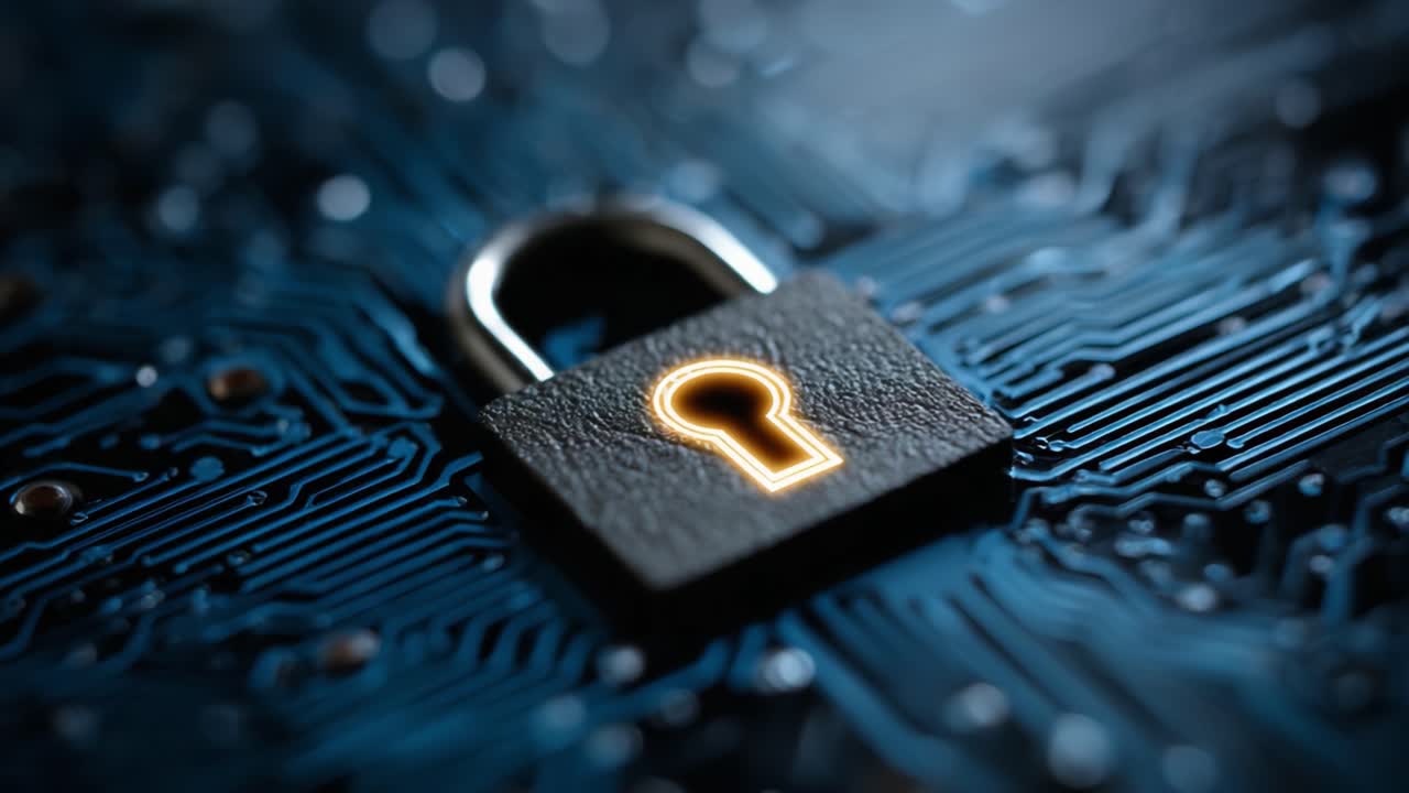 A Close-Up View of a Digital Lock on a Circuit Board Background, Symbolizing Cybersecurity, Data Protection, and Technological Safeguarding in the Digital Age