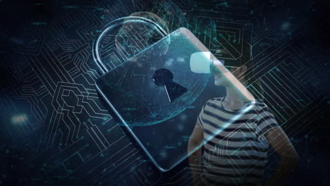 animation of digital padlock over woman with vr headset