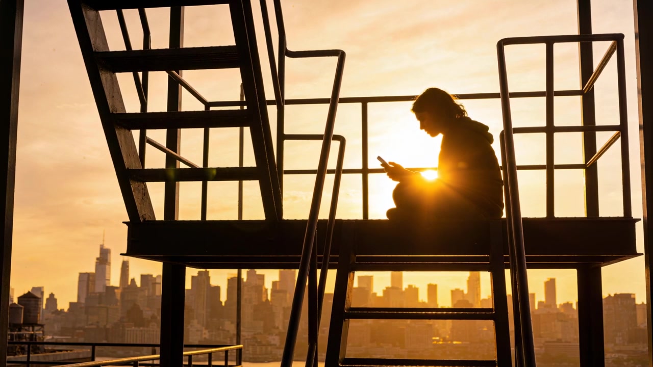 Uomo con felpa con cappuccio che controlla e tocca lo smartphone su una piattaforma di fuga antincendio, il sole che brilla dietro lo skyline