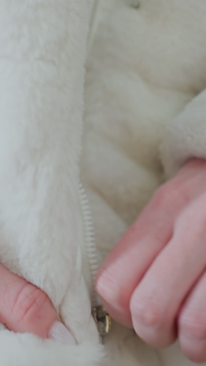 Close-up of hand pulling zipper on soft, fluffy winter jacket, warm, cozy outerwear being fastened for cold weather, showcasing stylish, comfortable fashion in elegant clothing