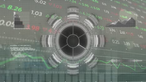 animation of round scanners and stock market data processing against aerial view of cityscape