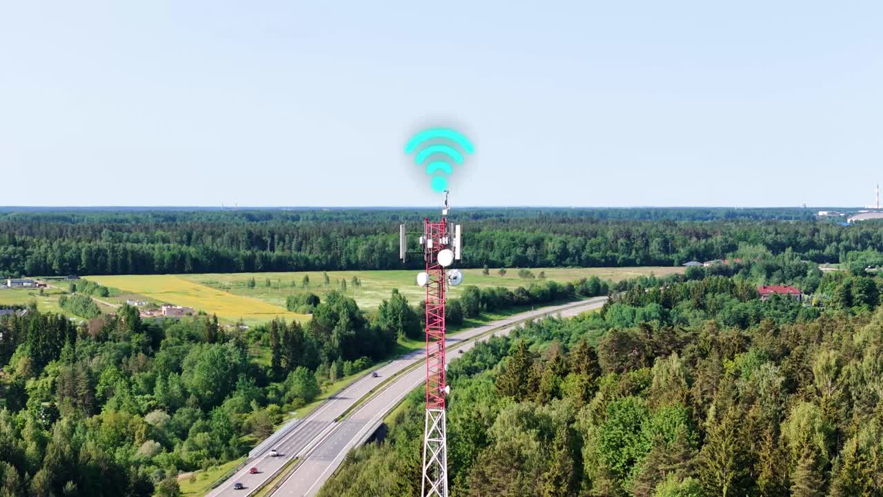 Telecommunication tower with WIFI icon VFX, aerial view