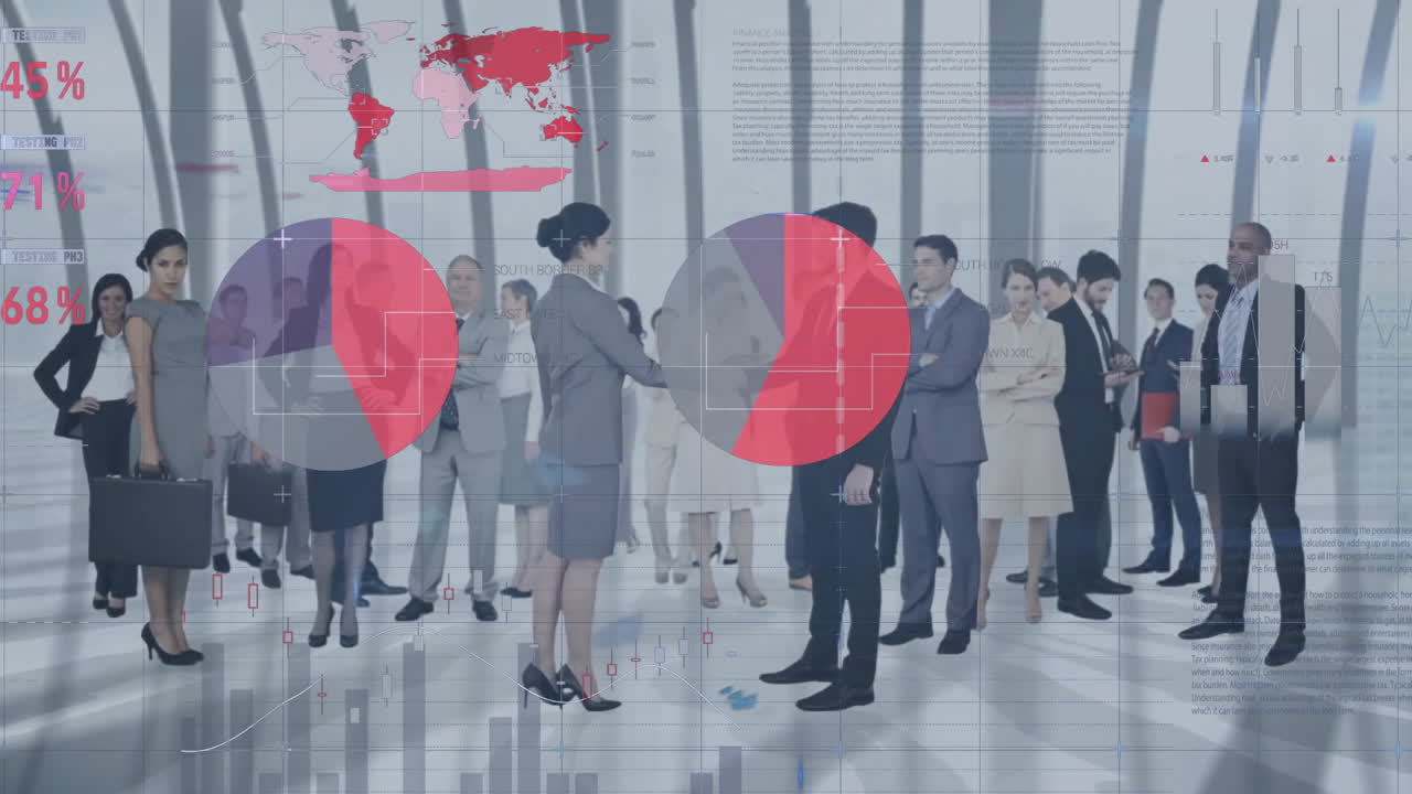 데이터 처리 및 다이어그램의 애니메이션 다양한 비즈니스 사람들이 손을 흔들고 있습니다.