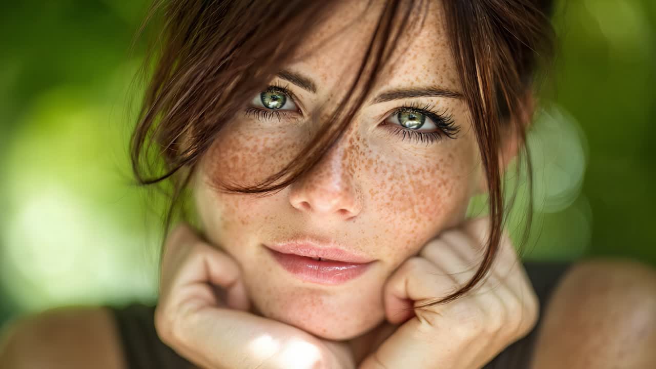 Captivating Portrait of a Woman with Freckles and Striking Green Eyes, Radiating Confidence and Natural Beauty Amidst a Soft Green Background