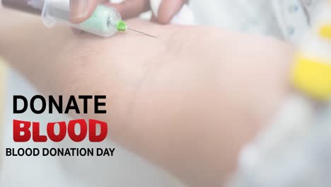 animation of donate blood blood donation day text over doctor taking blood sample