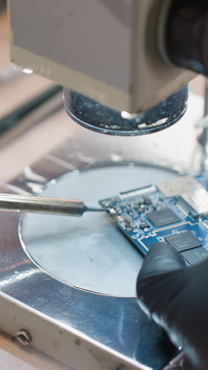 A close-up view of a technician's gloved hands using a soldering iron to work on a blue circuit board under a microscope shining light