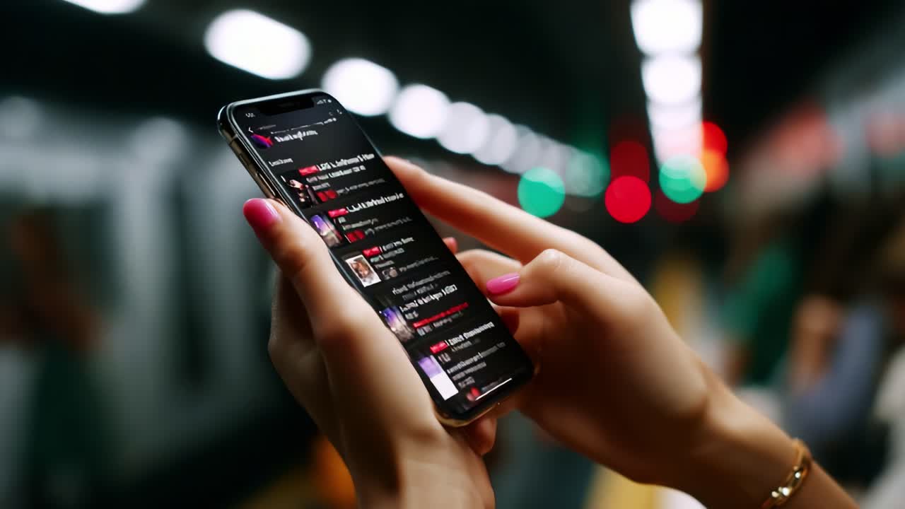 A close-up view of a person using a smartphone in a subway station, scrolling through a vibrant interface showcasing various media and entertainment options amid a blurred urban background
