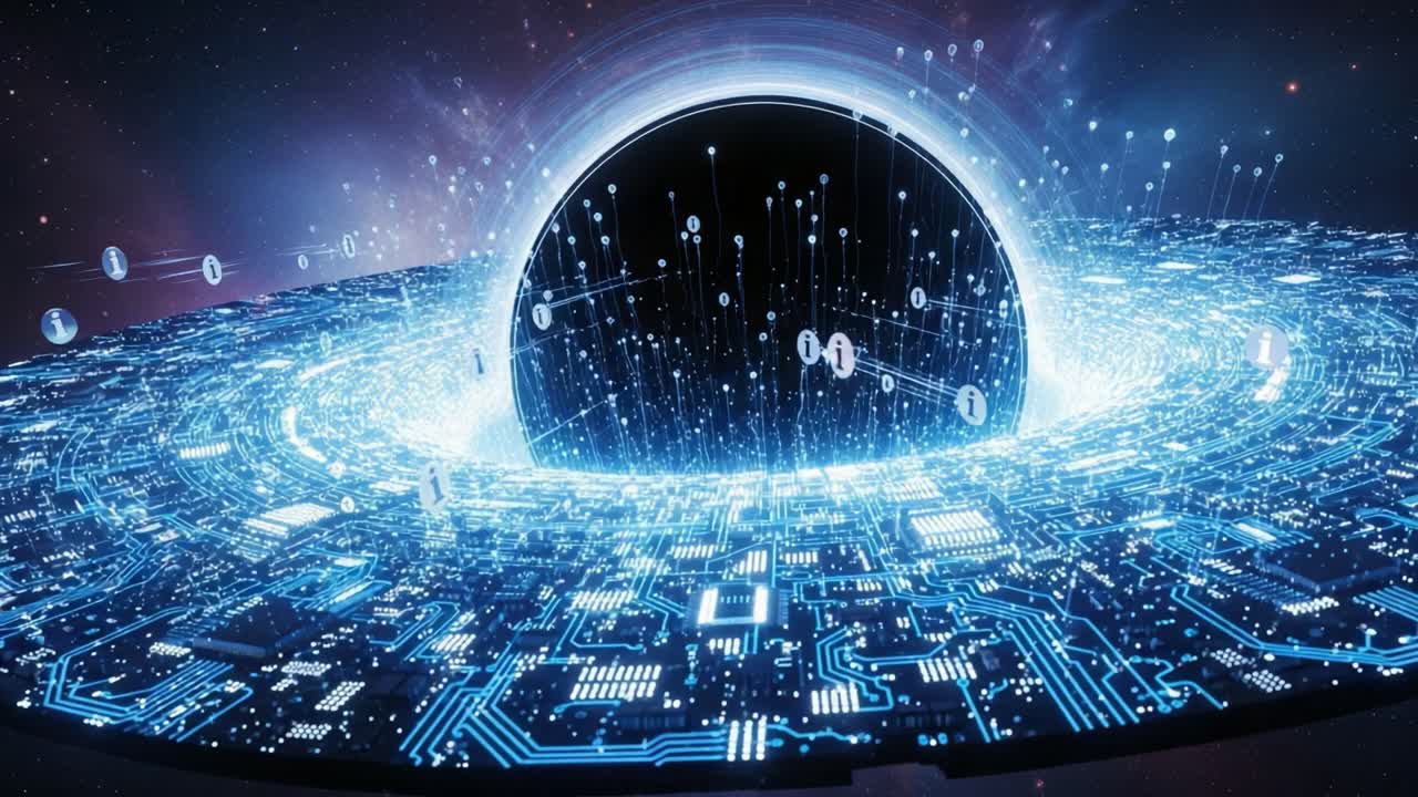 A Stunning Visual of a Digital Black Hole Surrounded by Data Streams and Circuitry Representing the Infinite Depths of Information and Technology in a Vibrant Cosmic Setting