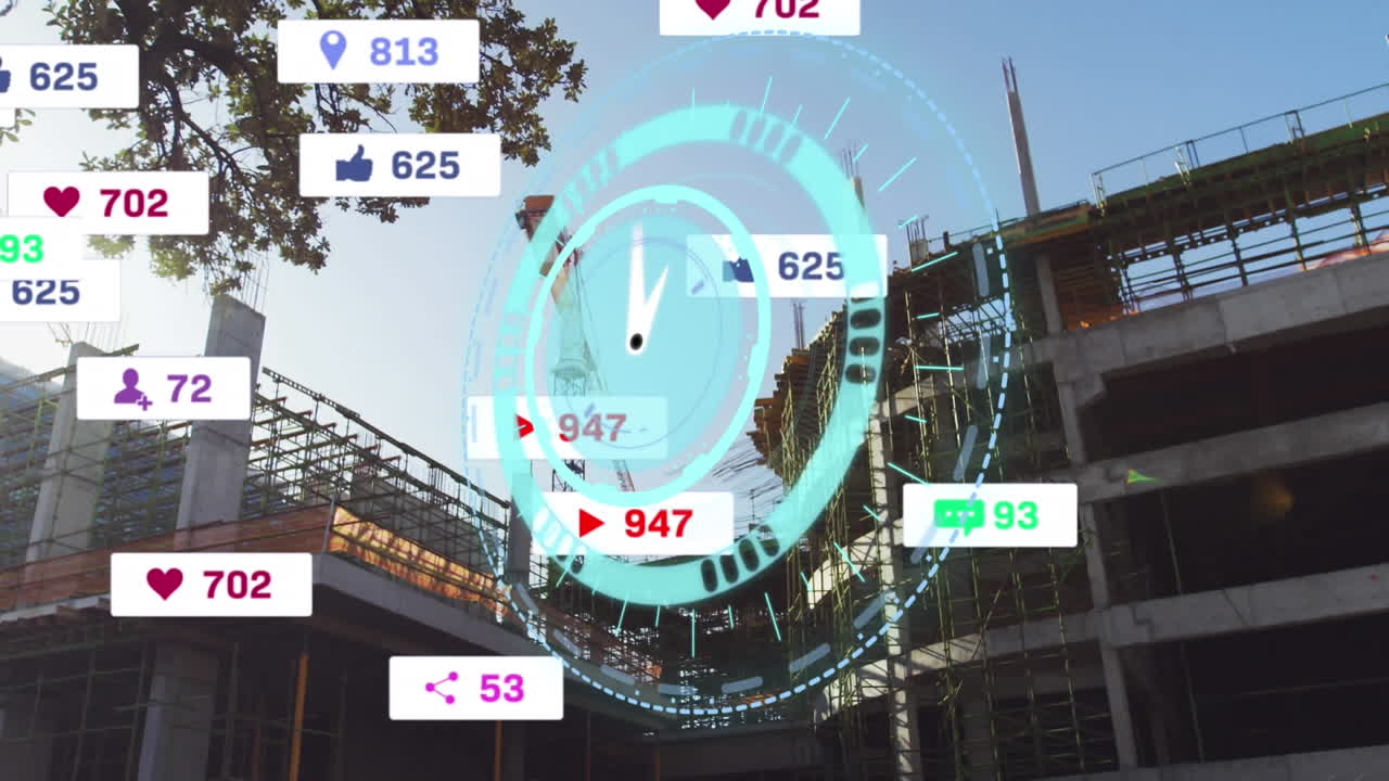 소셜 미디어 아이콘과 도시 풍경에 대한 시계 애니메이션