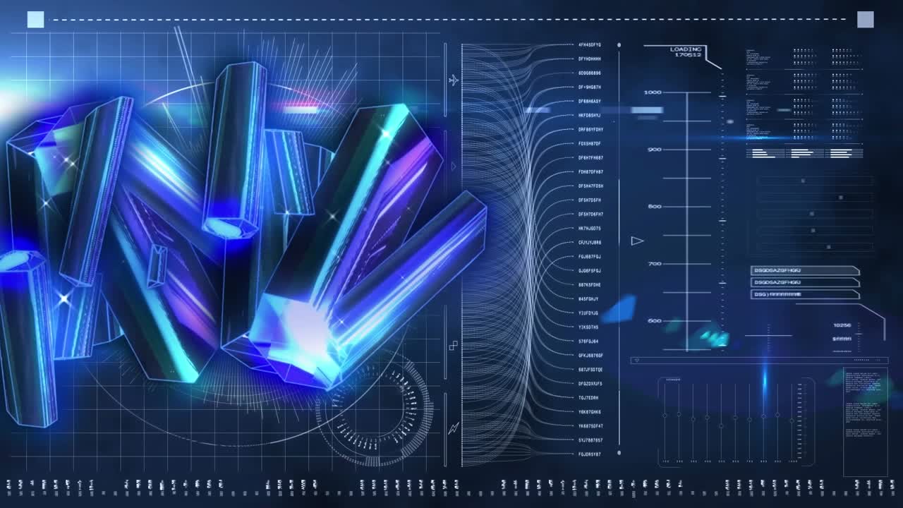 Animation of crystals over data processing on black background