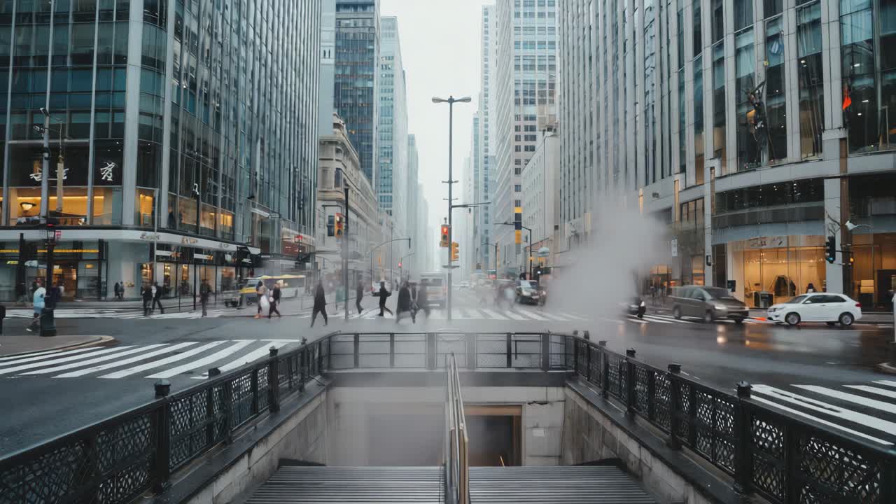 Urban City Street Scene with Subway Entrance and Steam Vent