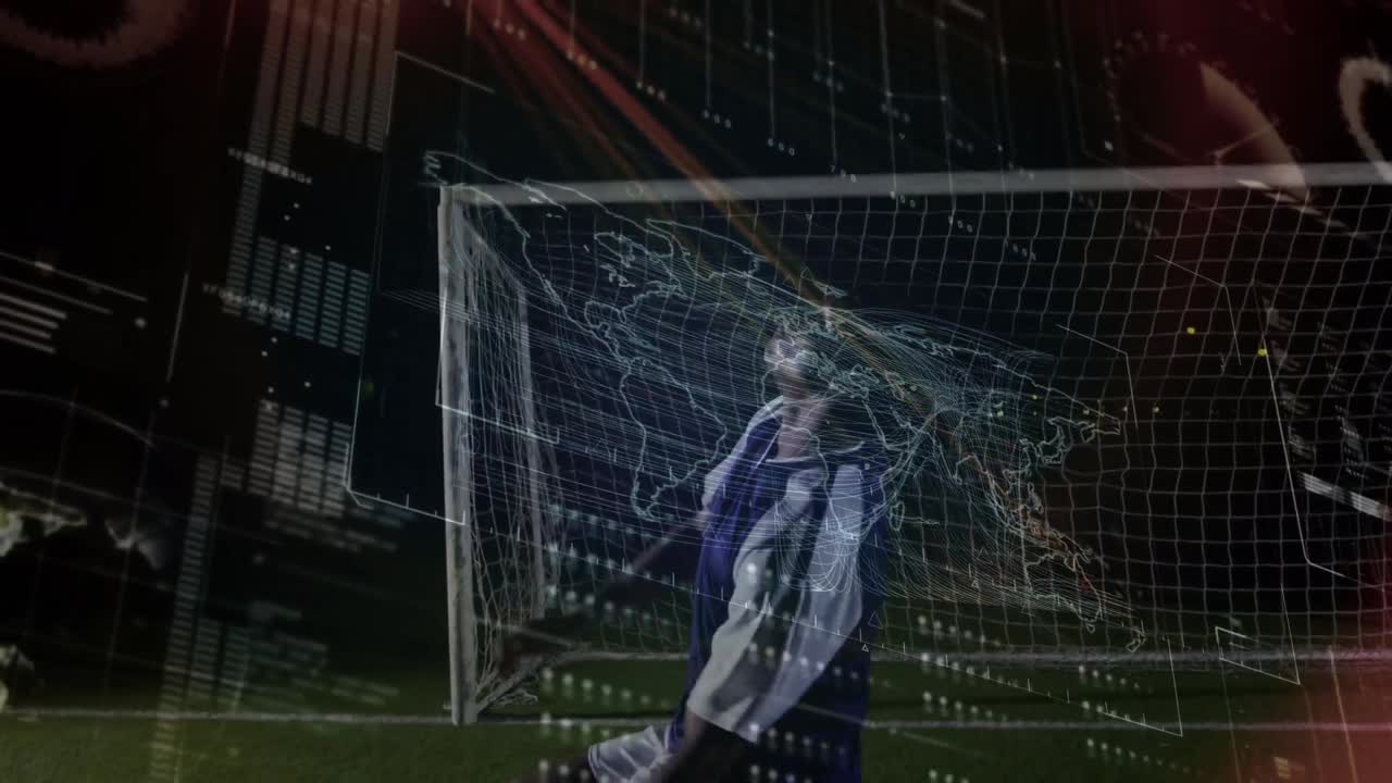 サッカー場でアフリカ系アメリカ人フットボール選手のデータ処理のアニメーション