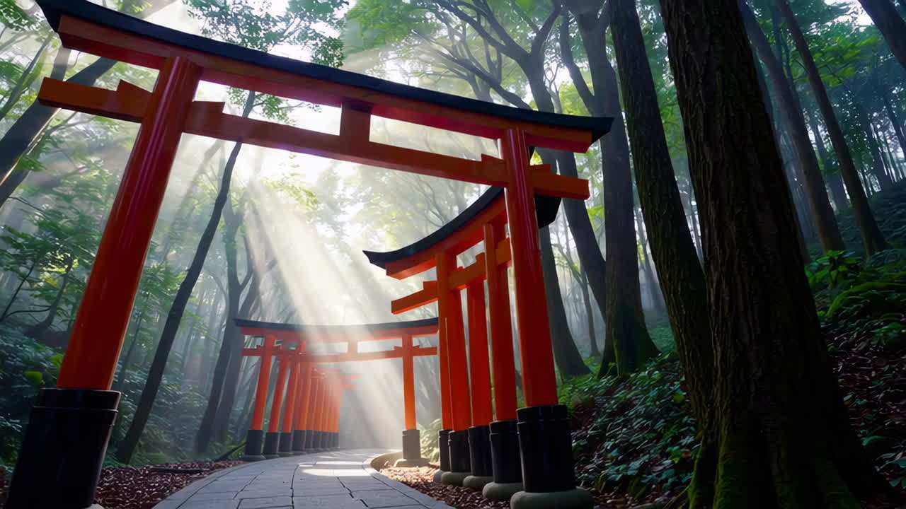 Raggi di sole attraverso una foresta di Torii