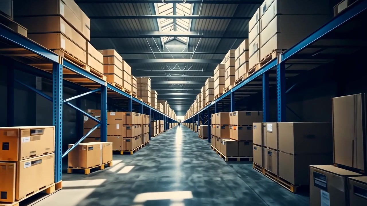 Moving Through a Large Industrial Warehouse with Stacked Cardboard Boxes