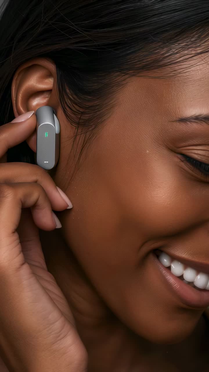 Video verticale: donna che sistema l'auricolare in studio, con LED verdi e top senza spalline
