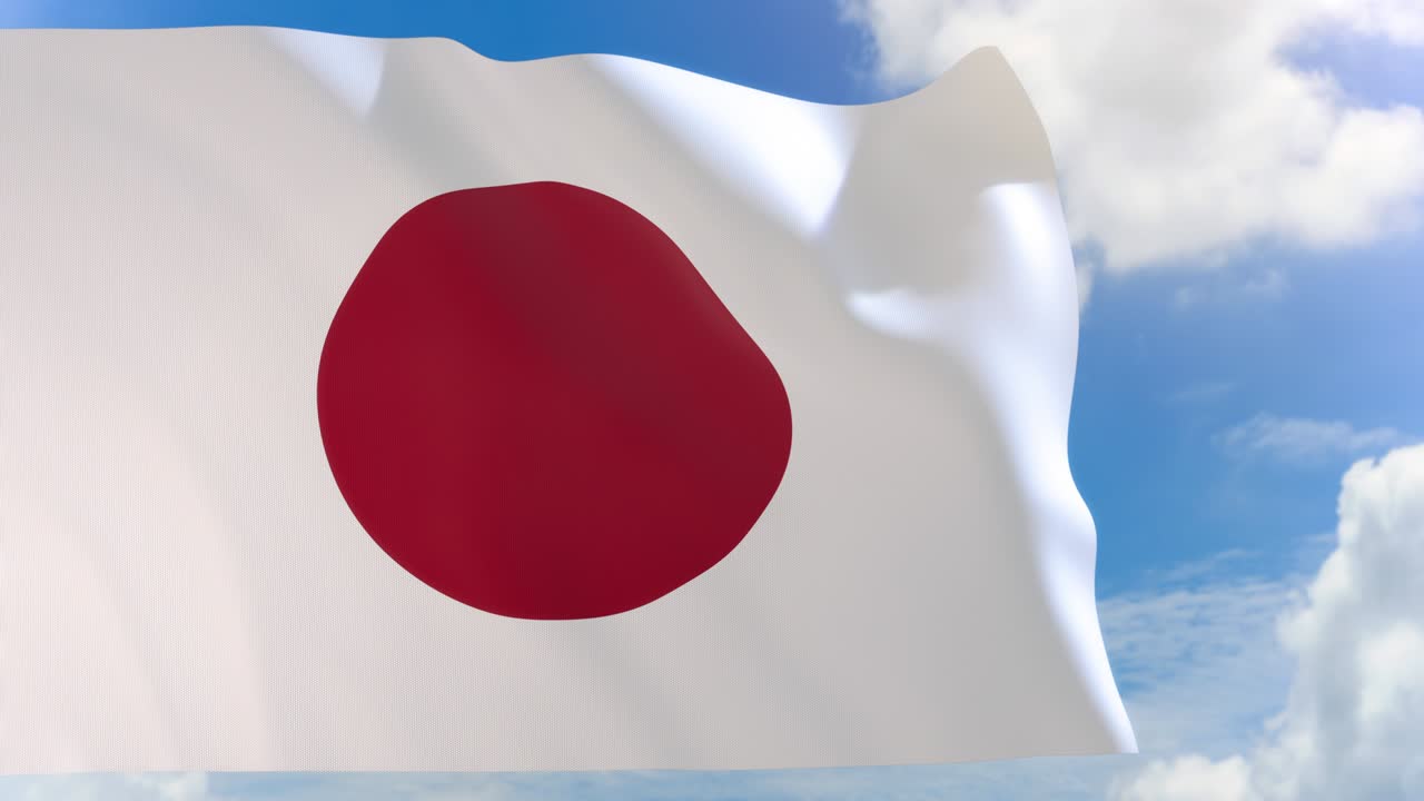 renderización 3d de la bandera japonesa ondeando en el fondo del cielo azul con el canal alfa