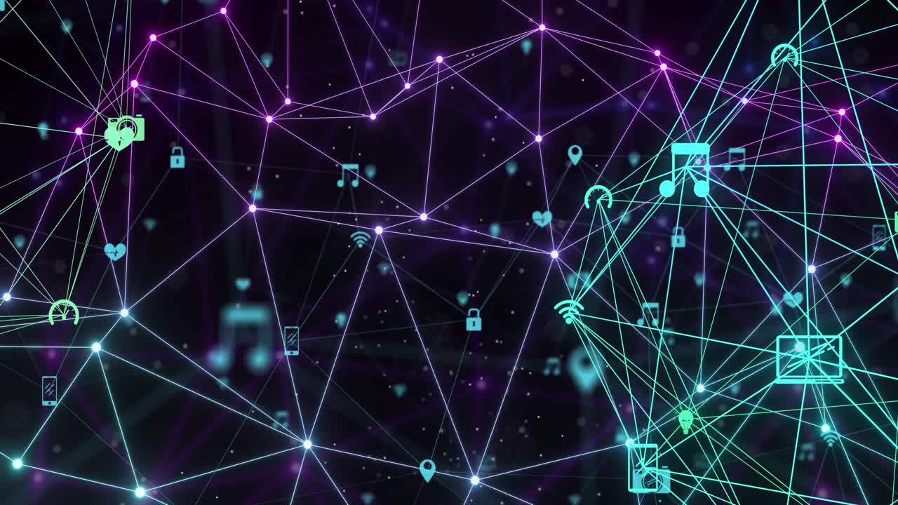 Animation of icons, globe with network of connections
