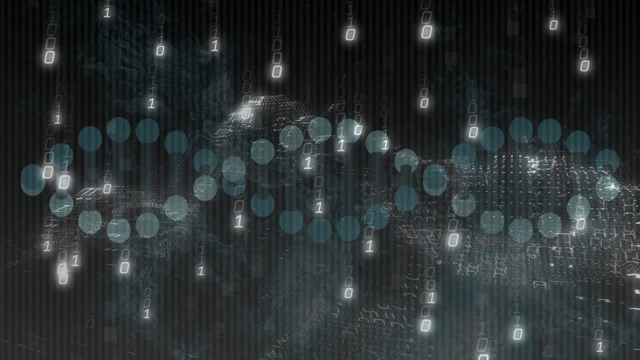 Dotted helix undulating across grid, triggered by falling binary glyphs, pulsing to show data flow