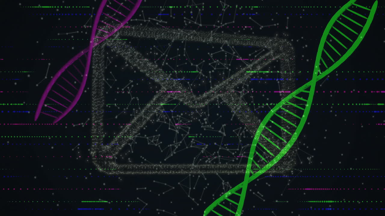 Digital envelope icon being animated in cyber-data scene, with glowing DNA strands and data nodes
