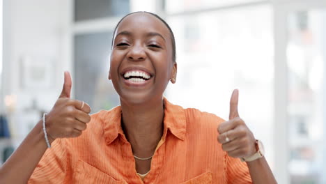Black-woman,-face-and-thumbs-up-in-office