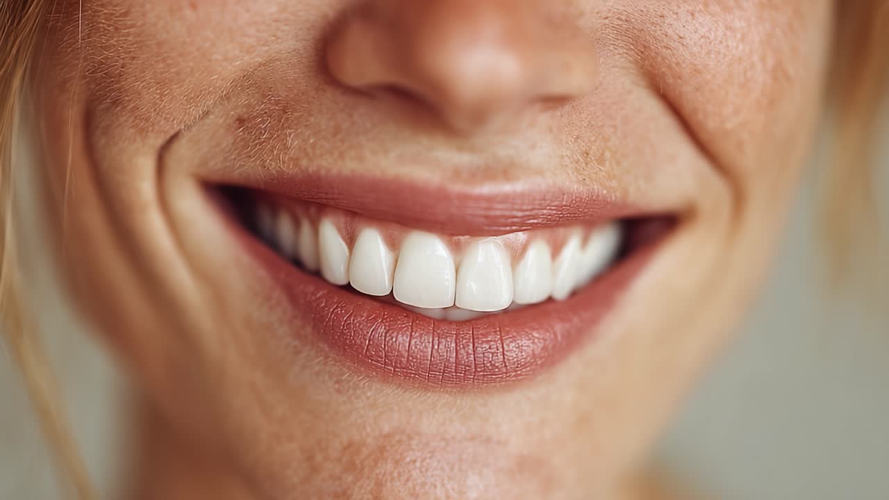 A Close-Up of a Woman's Radiant Smile, Highlighting Her Bright, White Teeth and Genuine Expression of Happiness, Capturing the Essence of Joy and Confidence
