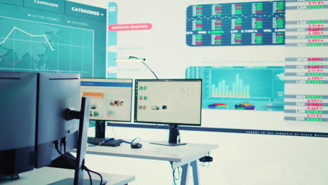 espacio vacío de sala de juntas con múltiples estaciones de trabajo con computadoras