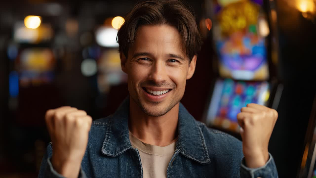 Joven emocionado celebrando una victoria en un casino con una gran sonrisa y los puños levantados, rodeado de coloridas máquinas tragaperras al fondo