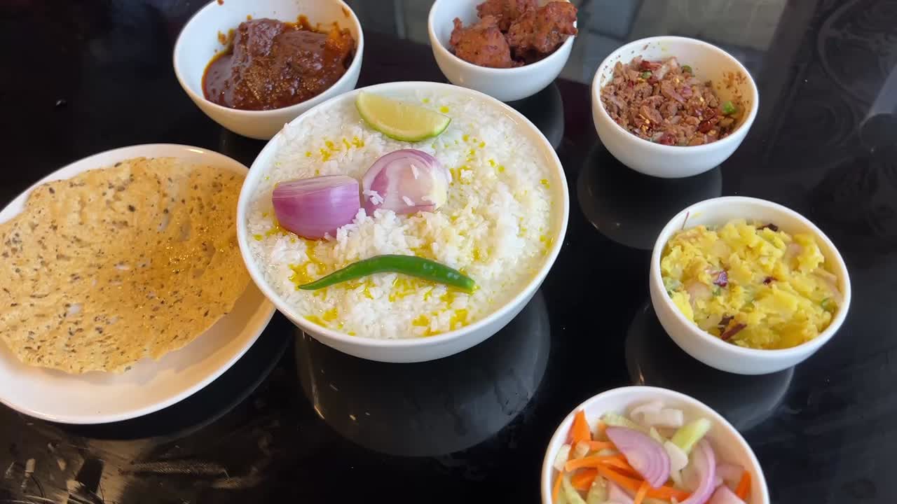 Panta bhat, a traditional Bengali dish served with mutton