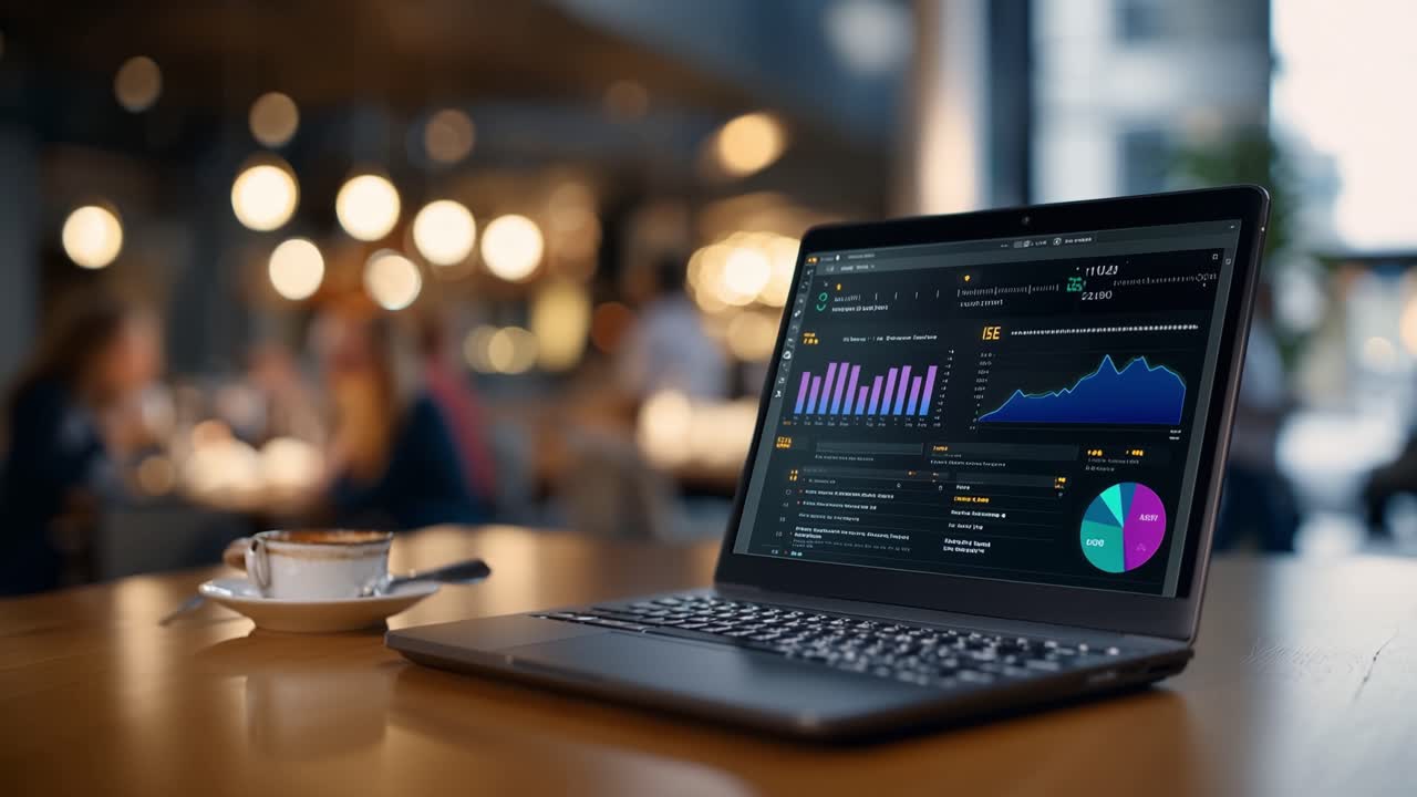 Analyzing Data on a Laptop in a Cozy Cafe Setting with Beautiful Bokeh and a Cup of Coffee Beside It, Showcasing Business Analytics and Insights