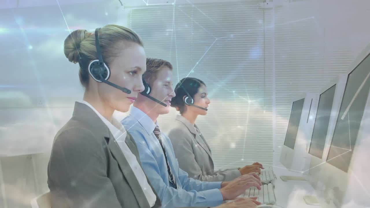 전화 헤드 ⁇ 을 착용 한 사업가 들 을 통한 연결 네트워크 의 애니메이션