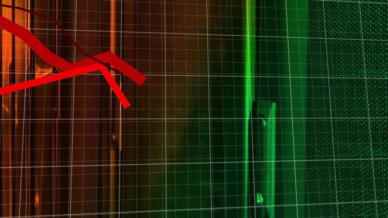 Glowing nodes brightening, starting red jagged trace drawing left to center, showing market trend