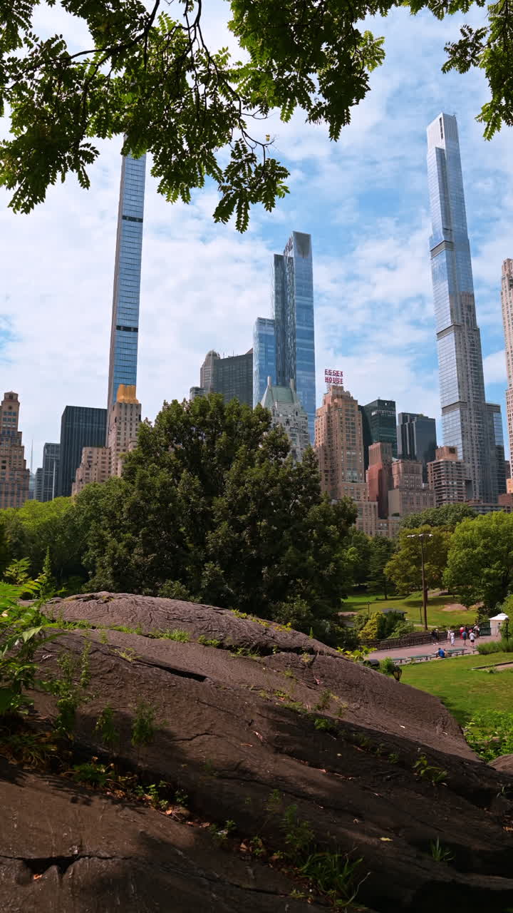 New York, USA, 28 July 2025: Sunny skyline view from park. Visitors enjoy the lush greenery of Central Park while skyscrapers rise majestically in the background under a blue sky