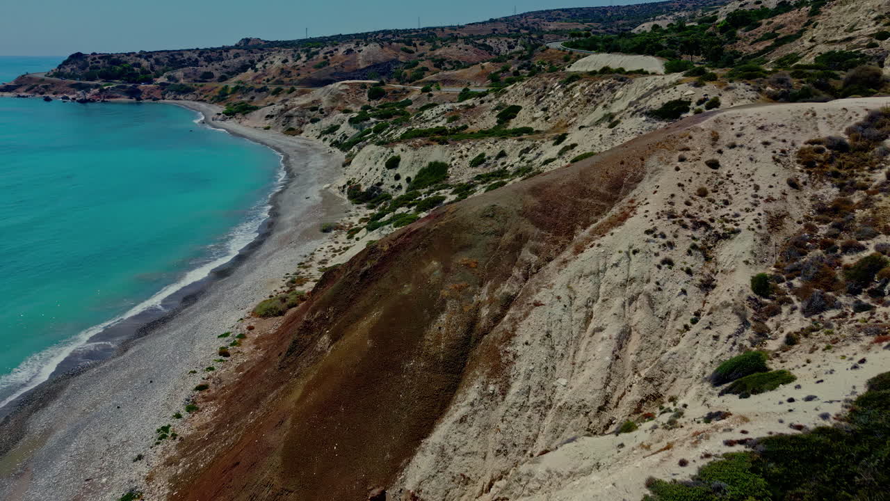 Aphrodite's Rock Viewpoint, Cyprus, Beautiful Sandy Cliffs, Tropical Turquoise Water, Calm Ocean, Aerial Fly Over, Summer