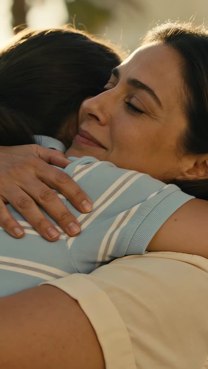 Vertical video: Hugging mother and child as child wrapping arms, comforting in park, blue shirt