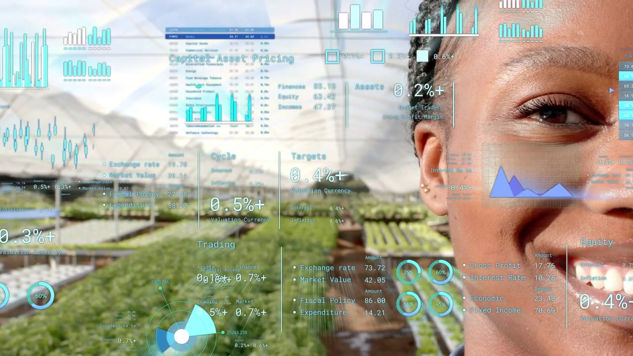 Data input causing overlays updating while woman opening eyes and smiling in greenhouse with charts