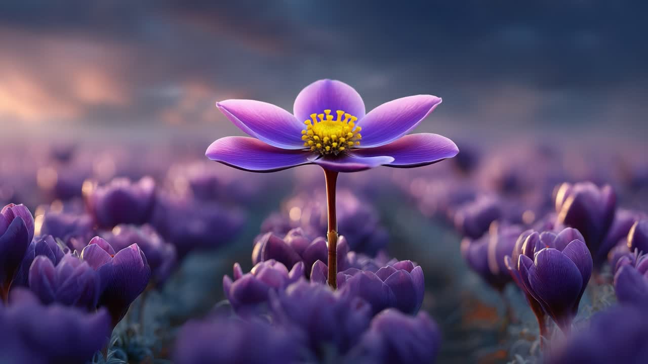 A Majestic Purple Flower Emanating Beauty Amidst a Field of Vibrant Blossoms, Captured in the Golden Light of Dawn, Symbolizing Life and Resilience