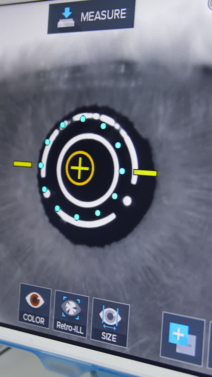 Eye examination on a monitor. Patient's eye examination on a modern computer-controlled machine. Medical equipment at the optometry clinic. Close-up. Vertical video