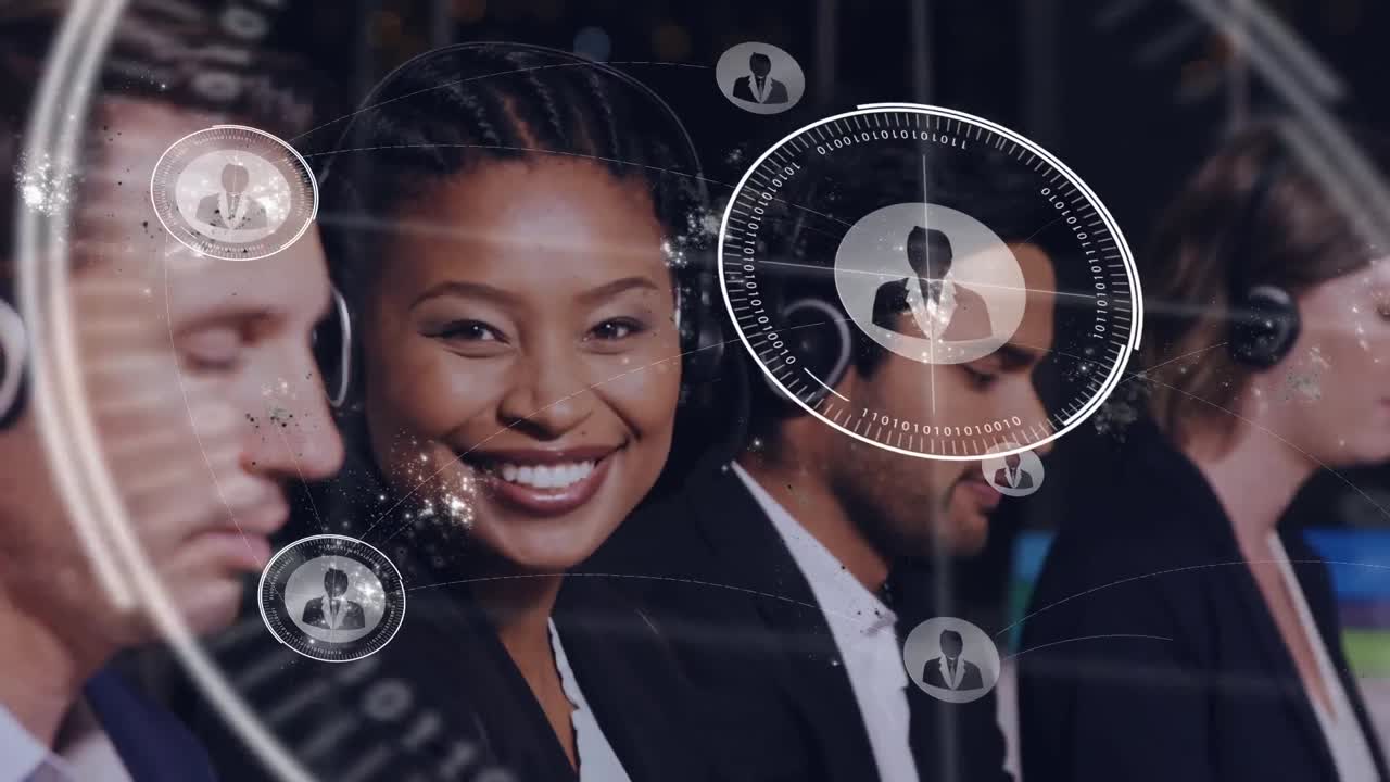 Animation of globe with network of connections over diverse business people wearing phone headsets