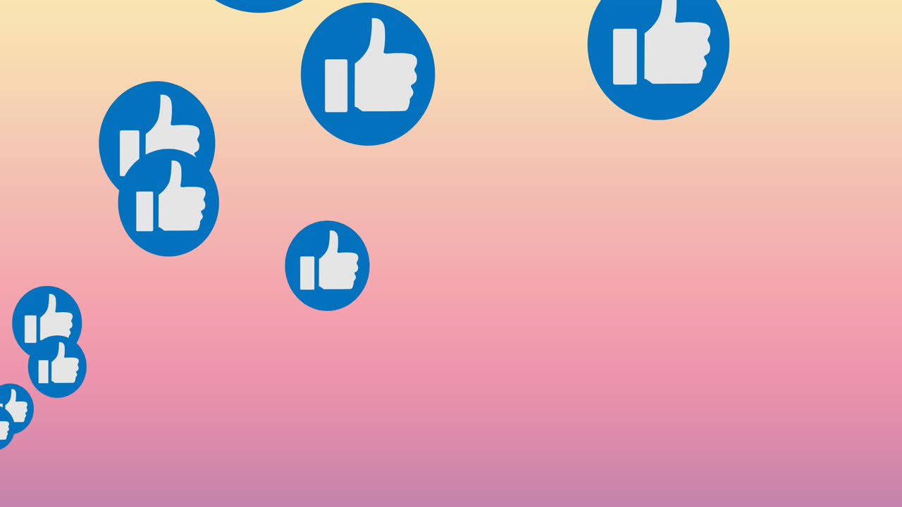 Animazione digitale di diverse icone "Mi piace" su un banner rotondo blu che fluttuano su uno sfondo sfumato.