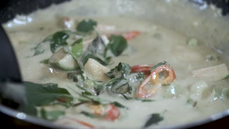 stir boil red chili and thai basil in chicken green curry with coconut milk