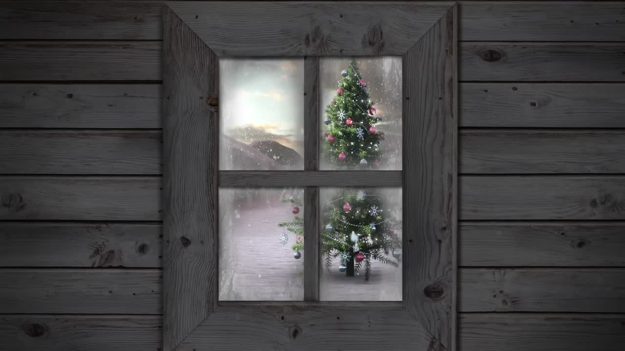 겨울 풍경에 크리스마스 트리 위에 내리는 눈에 대한 나무 창문 프레임