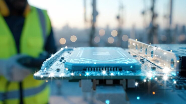 Technician Working on Communication Equipment and Antennas at Sunset Rooftop Site Amidst City Skyline with Enhanced Focus on Circuit Board Components
