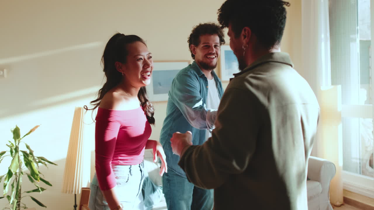 Friends celebrating together with hugs