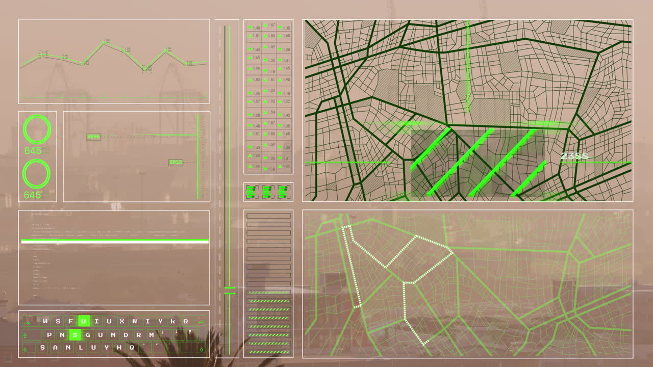 animación de gráficos, círculos de carga, barras, patrón de navegación y lenguaje informático sobre la ciudad moderna