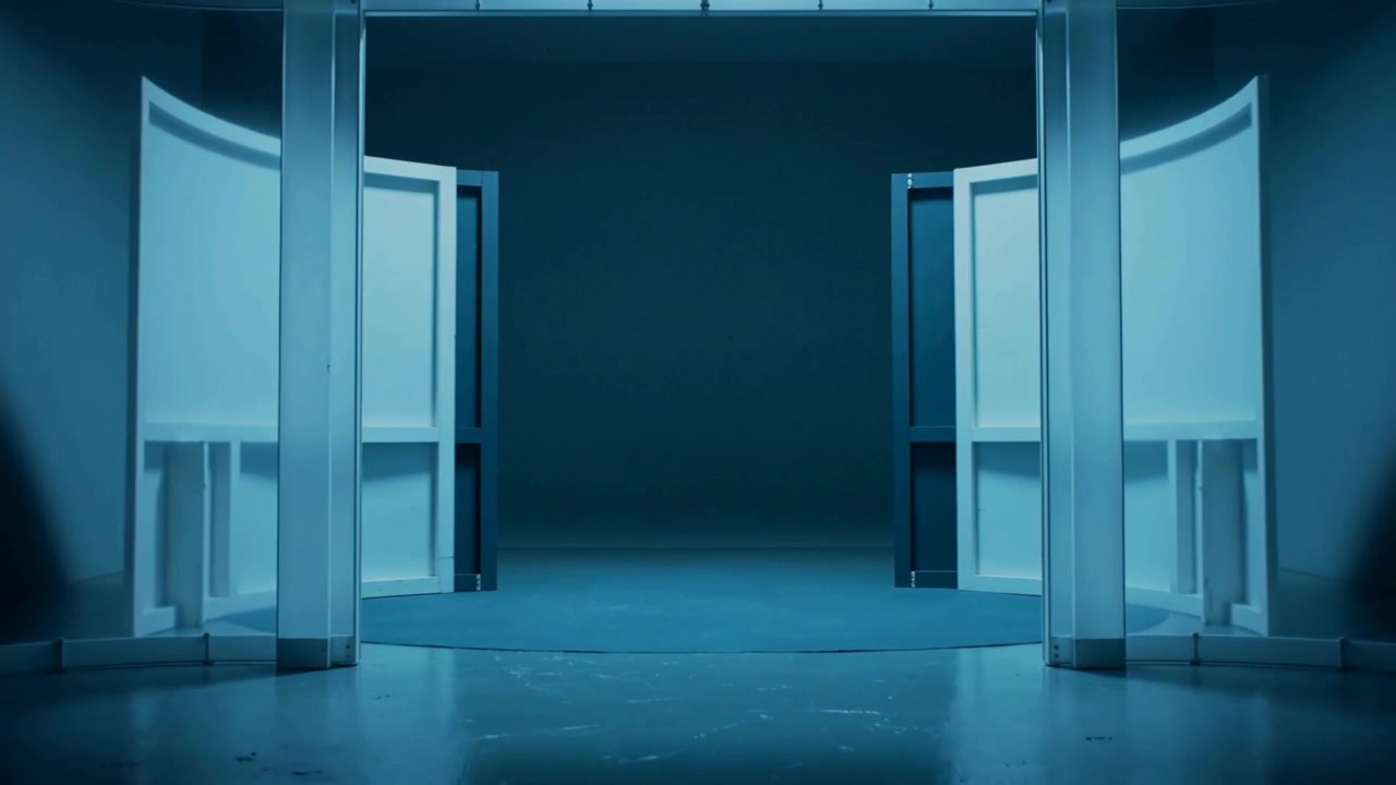 Rotating after motor start, curved revolving door panels opening in lobby, allowing passage