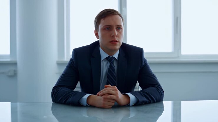 Young Businessman Sitting Anxiously at a Table in a Bright Office