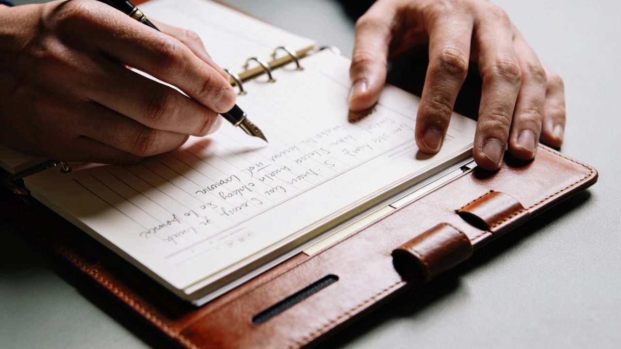 Pen nib touching page, adult hands writing at desk, steadying brown folio, wearing dark cuff noting